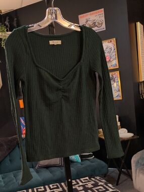 Madewell Dark Green Ribbed Scoop-Neck Long Sleeve Top